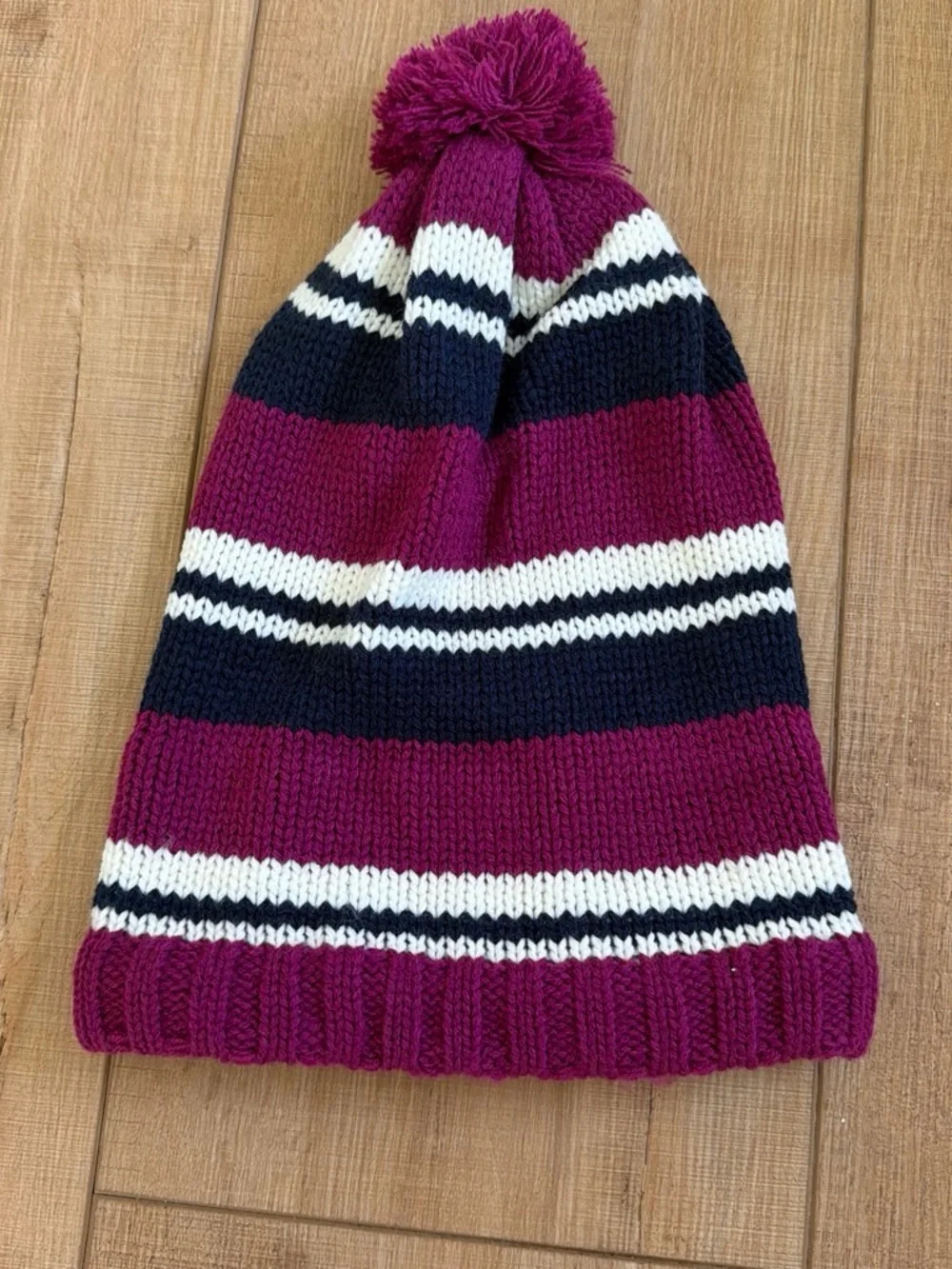 Striped Pom Pom Kids Beanie in Berry, Navy, and White (8-16)